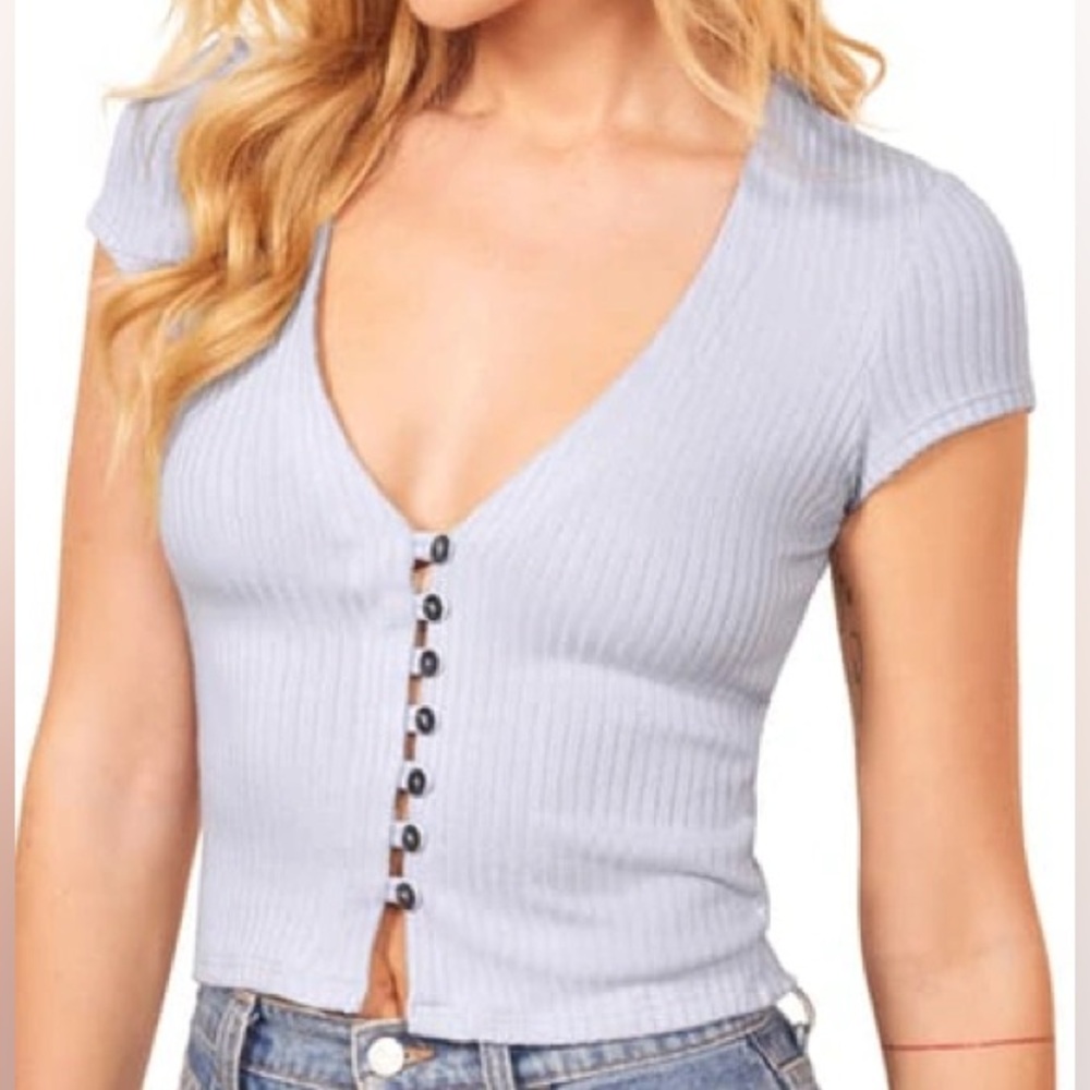 Reformation Blue Short Sleeve Button-up Top Size M